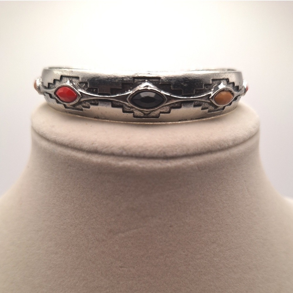 Vintage Southwestern cuff multi stones geometric tribal bo ho chic antiqued tone